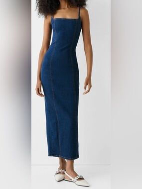 Fitted Dark Blue Denim Slip Dress BERESHKA XS